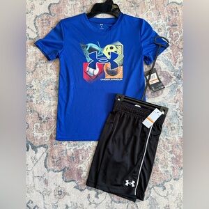 Under Armour boys size 7 Royal Blue Graphic Tee with Black Athletic Shorts